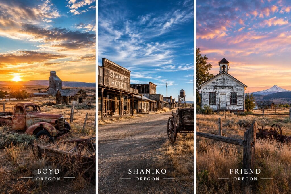 Ghost town location inspiration featuring Boyd, Shaniko and Friend, Oregon, with weathered historic buildings, old roads and high-desert scenery.