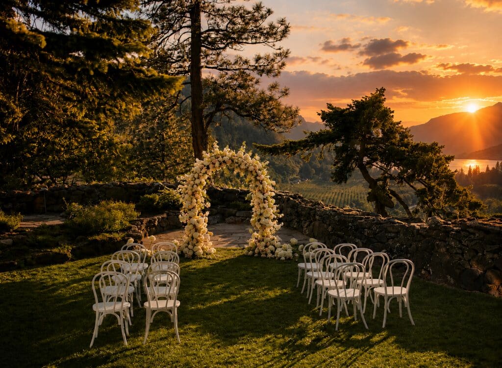 Outdoor wedding ceremony setup at The Griffin House in Hood River, Oregon, overlooking the Columbia River Gorge, photographed by Tobi Rose Photography.