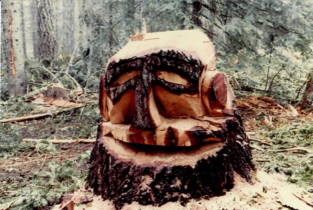 Chainsaw art carved into a tree stump by Tobi Rose Rabaliati’s father while logging near Trout Lake or Glenwood, Washington
