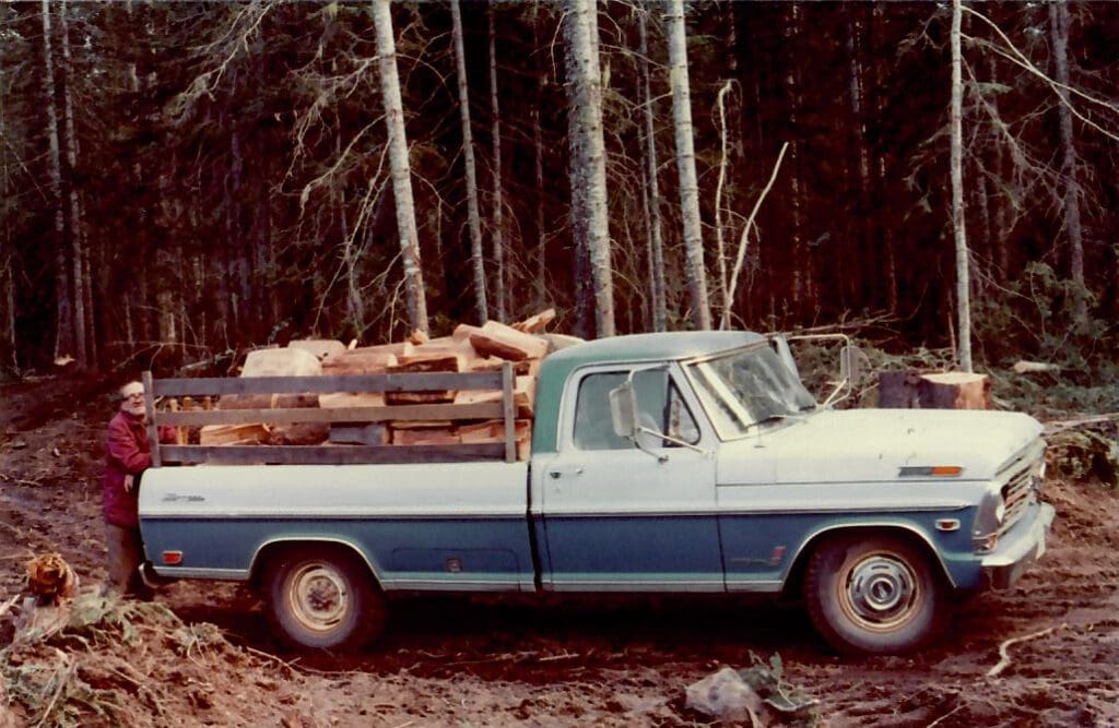 1969 Ford big back window pickup called Old Blue loaded with firewood after a family wood-cutting trip in the Columbia River Gorge
