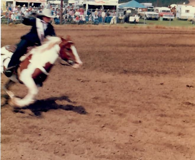 Tobi Rose Rabaliati competing in a rodeo event on her horse Shadow in the Columbia River Gorge