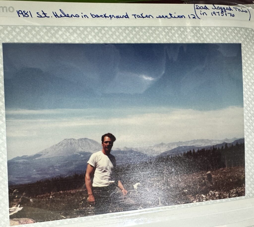 Tobi Rose’s father with Mount St. Helens in the background in 1981