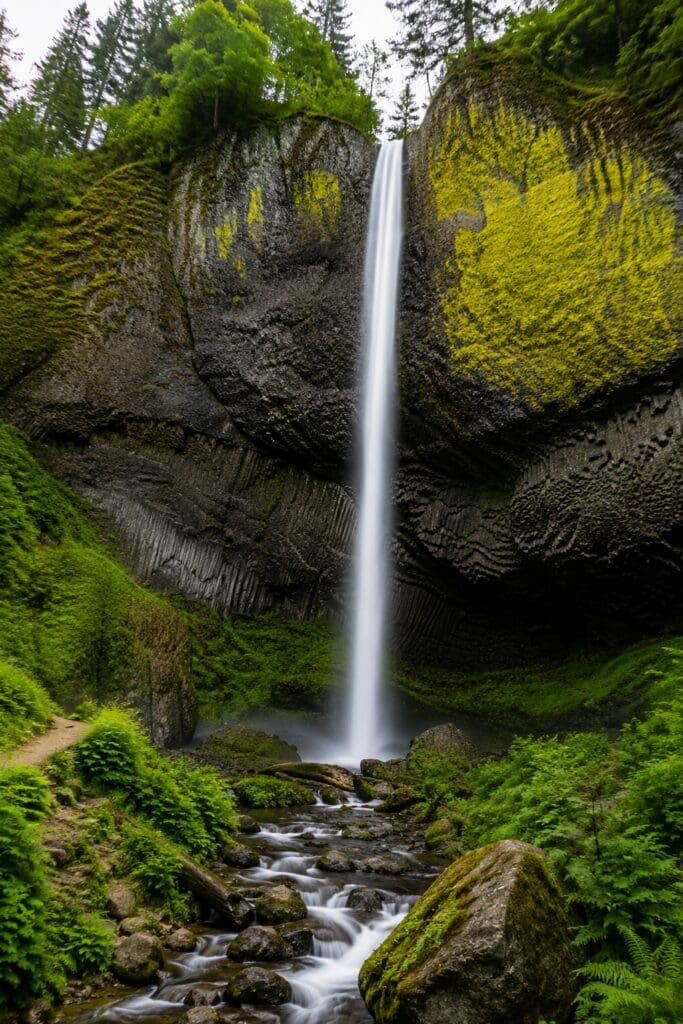 Latourell Falls plunging over mossy columnar basalt surrounded by lush green forest in the Columbia River Gorge, Oregon.