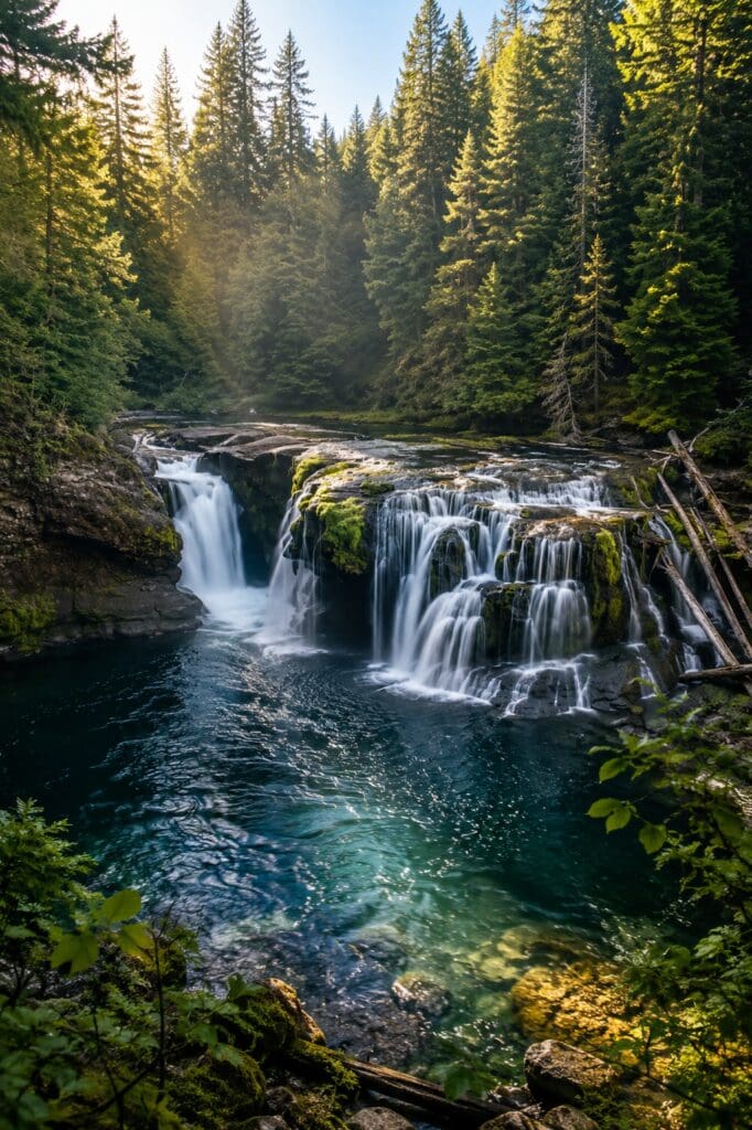 Lower Lewis River Falls surrounded by evergreen forest in the Gifford Pinchot National Forest near Mount Adams in Washington.