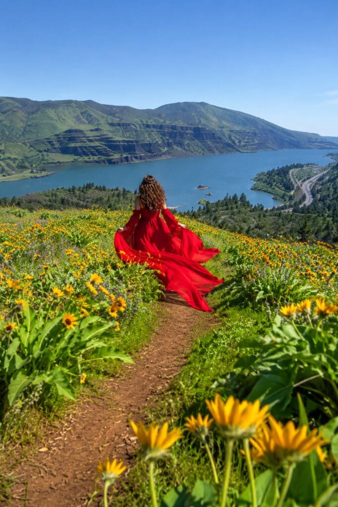 Pregnant woman in a flowing red maternity dress among wildflowers at Tom McCall Preserve at Rowena Crest near Mosier, Oregon, in the Columbia River Gorge