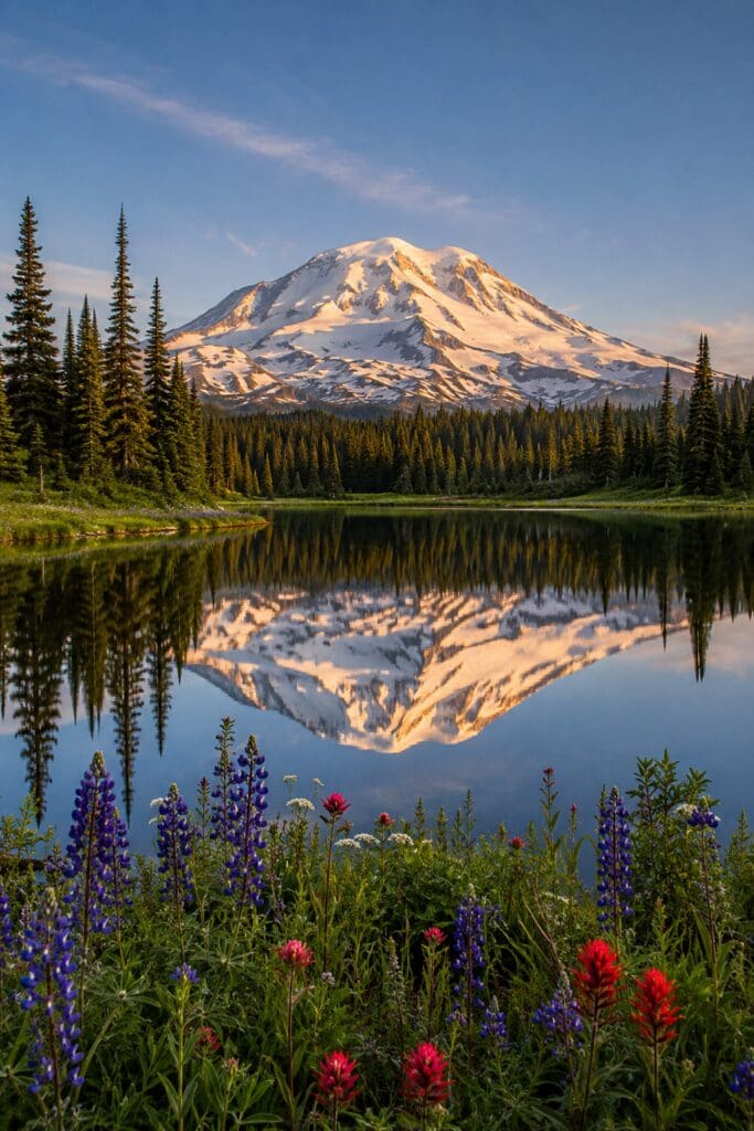 Mount Adams reflected in Takhlakh Lake in Washington’s Gifford Pinchot National Forest near Hood River, Oregon.