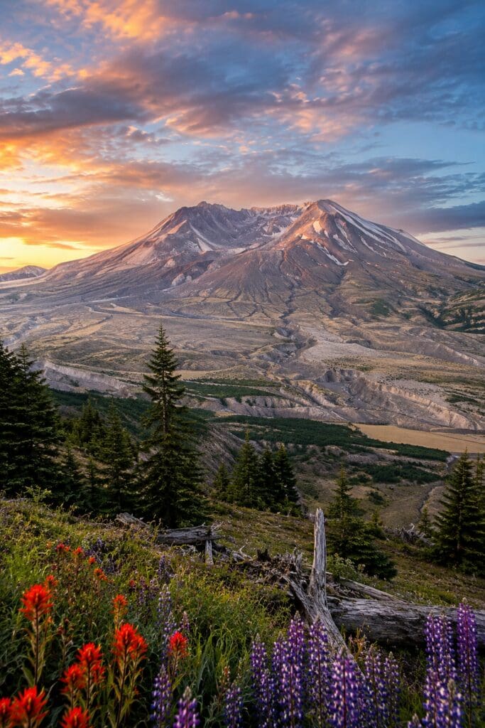 Mount St. Helens surrounded by spring scenery in Washington, one of the Cascade volcanoes within driving distance of Hood River, Oregon.