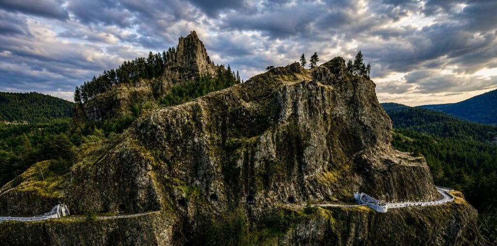 Drone photograph of the Mitchell Point Tunnels overlooking the Columbia River Gorge near Hood River, Oregon, photographed by Tobi Rose Photography.
