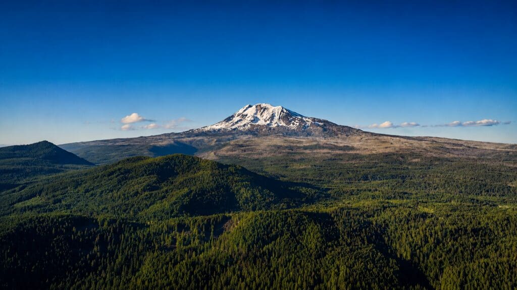 Aerial drone photograph of Mt. Adams rising above the forests of southern Washington in the Columbia River Gorge region, photographed by Tobi Rose Photography.
Title: