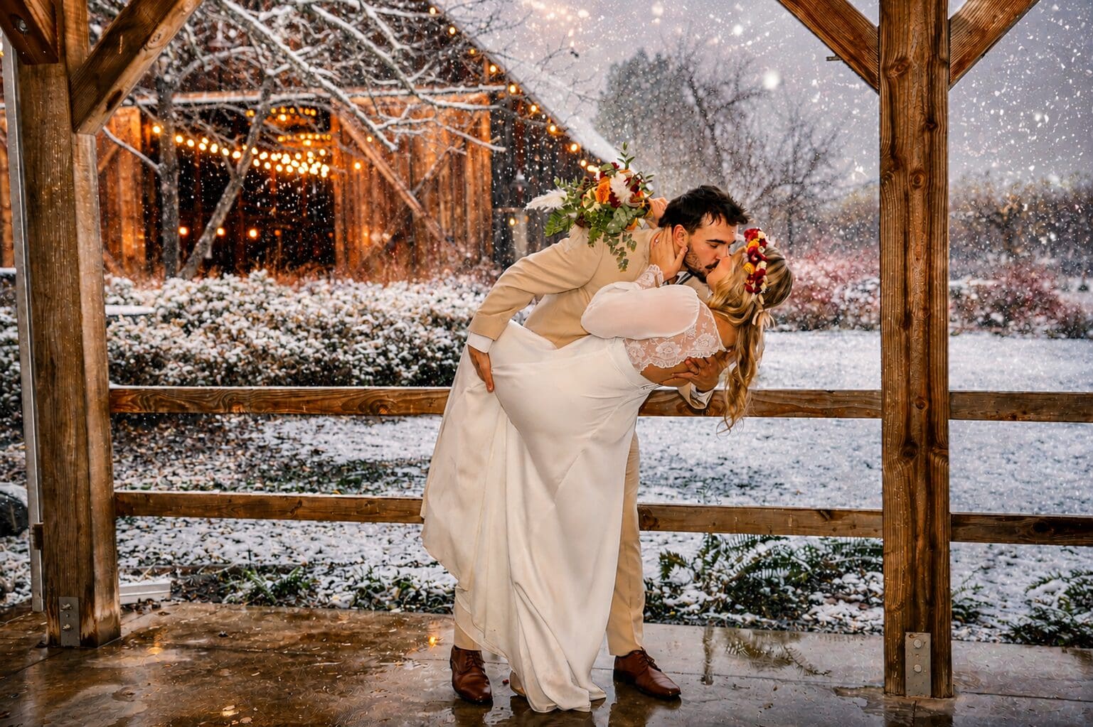 Bride and groom kissing in falling snow during a winter wedding at Tin Roof Barn in the Columbia River Gorge, White Salmon, Washington, photographed by Tobi Rose Photography